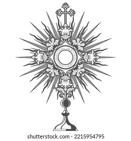 Catholic church ceremony monstrance, ostensory adoration to the blessed sacrament, eucharist, vector