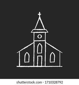 Catholic church chalk white icon on black background. Religious establishment with cross on roof. Christian town chapel. Gospel for congregation. Isolated vector chalkboard illustration