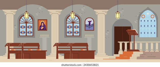 Interior de la iglesia o capilla católica con altar, bancos de madera, vitrales de arco y velas. Ilustración vectorial de dibujos animados de la catedral dentro, púlpito para el sacerdote, pintura de Jesús