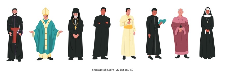Catholic church characters. Christian religion church leader in different clothes, catholicism religious clergyman pastor priest pope. Vector cartoon set. Illustration of religion character collection