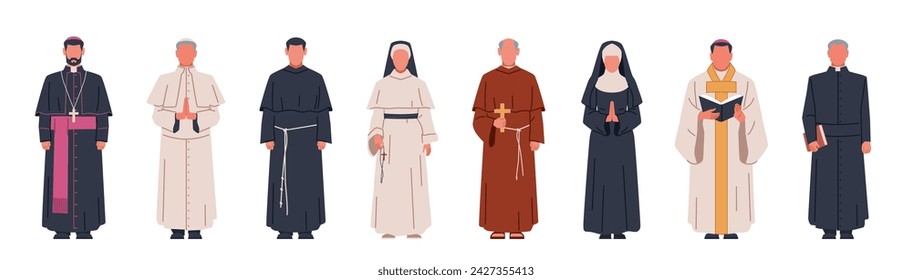 Catholic church characters. Christianity direction, people in religious robes, different church ranks, monks and priests, men dressed in classical robes cartoon flat isolated nowaday vector set