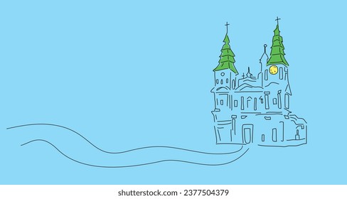 Catholic church with a clock on the tower. Ternopil Vector graphics, eps