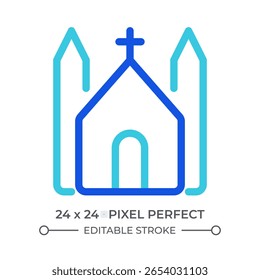 Ícone de iu da linha colorida da igreja católica. Construção religiosa, cristianismo. Arquitetura do catolicismo, espiritualidade. Símbolo linear duotônico de vetor isolado. Elemento de interface do usuário, pixel perfect
