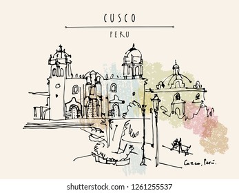 Catholic church in Cusco, Peru. Old town center. Beautiful Inca capital and Spanish city in Andes mountains. Vintage artistic hand drawn postcard, poster template, book illustration in vector