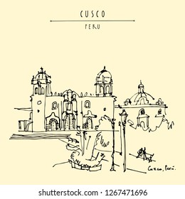 Catholic church in Cusco, Peru. Old town center. Beautiful Inca capital and Spanish city in Andes mountains. Vintage artistic hand drawn postcard, poster template, book illustration in vector