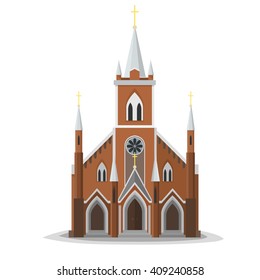 Catholic church facade. Europe architecture modern flat design. City christian architecture object illustration. Cartoon church real front.
