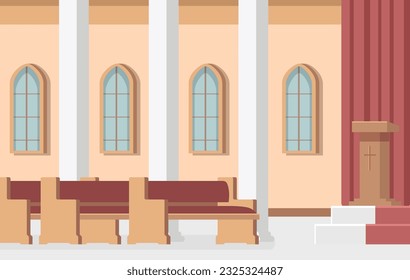 Catholic church interior with altar, wooden benches, tall arch window. cathedral inside, for religious praying with pulpit for priest. flat vector illustrations