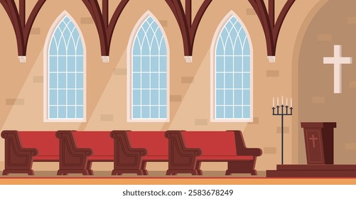 Catholic church interior. Glass windows, wooden benches, cross on wall. Indoors cathedral or temple. Traditional gothic building. Cartoon flat style isolated architecture vector concept