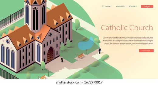 Catholic Church Isometric Landing Web Page, Banner. Cathedral Website, Template Homepage. Priest Standing near Ancient Building with Ennobled Territory and Pond. Man Walk Down Street