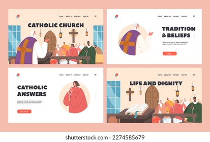 Catholic Church Landing Page Template Set. Priest Leading The Service To Characters Sitting On Pews. Faith, Spirituality