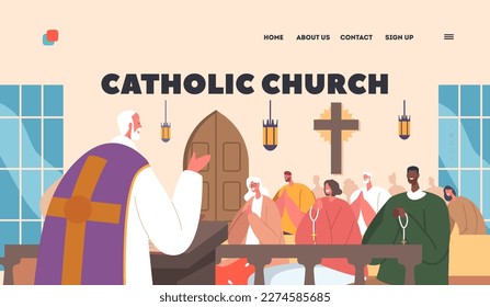 Catholic Church Landing Page Template. Priest Leading The Service To Characters Sitting On Pews. Faith, Spirituality