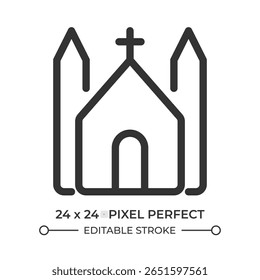 Ícone de ui da linha da Igreja Católica. Construção religiosa, cristianismo. Arquitetura do catolicismo, espiritualidade. Símbolo de contorno de vetor isolado. Elemento linear da interface do usuário do Webdesign, pixel perfect