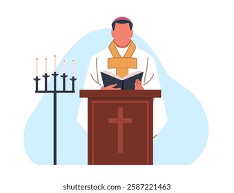 Catholic church minister preaches sermon. Priest religious speech, holy scriptures from gospel. Holy Father standing wearing priestly robes. Cartoon flat style isolated vector concept