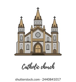 Catholic church on a white background. Vector illustration. Simple lines, great for any designs, for web.