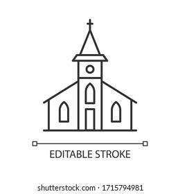 Catholic church pixel perfect linear icon. Religious establishment with cross on roof. Thin line customizable illustration. Contour symbol. Vector isolated outline drawing. Editable stroke