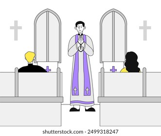 Catholic church priest. Man in ceremonial robes reads sermon to parishioners. Religion and faith, belief. Spiritual ritual and ceremony. Linear vector illustration isolated on white background