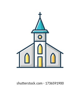 Catholic church RGB color icon. Religious establishment facade with cross on roof. Christian town chapel entrance. Gospel for congregation. Historical construction. Isolated vector illustration