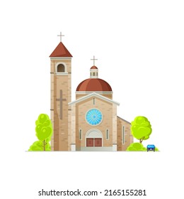 Catholic church, temple or cathedral with crosses, vector building of Christian religion architecture. Religious house with bell tower, chapel and steeple, crucifix and gothic stained glass window