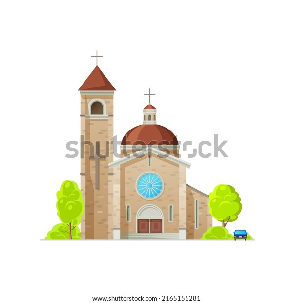 Catholic church, temple or cathedral with crosses,
vector building of Christian religion architecture. Religious house
with bell tower, chapel and steeple, crucifix and gothic stained
glass window