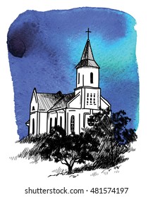 Catholic church . Vector freehand drawing in vintage style . Old church , trees, forest .