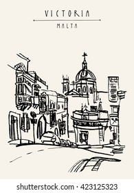 Catholic church in Victoria, Gozo island, Malta, Europe. Vintage hand drawn touristic postcard or poster template, book illustration in vector