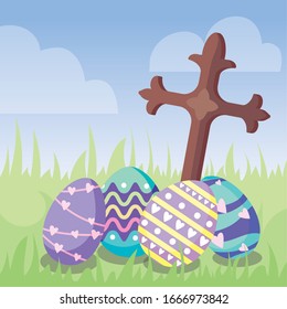 catholic cross with cute easter eggs over landscape background, colorful design, vector illustration