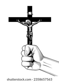 Catholic cross. A man's hand holds a cross with a crucifix. Vintage engraving stylized drawing. Vector illustration