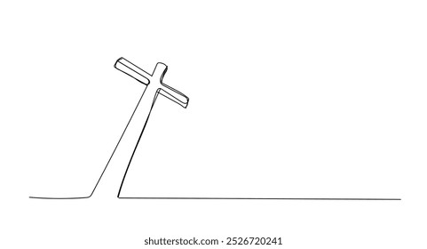 Cruz católica na colina, desenho contínuo de linha única. Símbolo da religião tradicional. Sinal de igreja cruzar uma linha arte mão desenhada. Ilustração vetorial. Vetor feito à mão não AI.