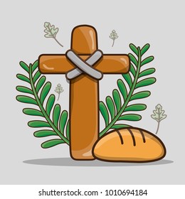 catholic cross with palm branches and bread