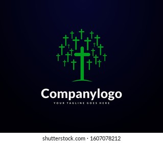 Catholic cross tree logo design