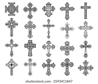 Catholic cross vector icon set. Religious christian symbol. Faith collection of crucifix or holy emblem, spiritual sign for devotion and prayer, worship. Sacred decoration for church and theology.