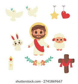 Catholic Easter Elements with Jesus Christ, Sacred Heart Wounds, Crown of Thorns, Cross, Lamb, Bunny, Candle, Holy Spirit Dove and Floral Elements