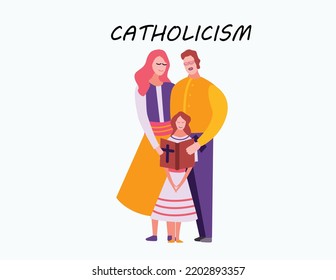 Catholic Family Character Illustration On White Isolated Background.