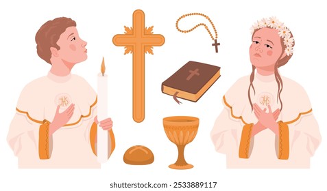 Catholic First Communion Elements. Boy and girl praying and preparing for the tiast of the Eucharist. Vector set. Golden wine cup, cross, bible, bread, rosary. Beautiful invitation design elements.