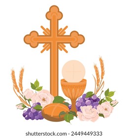 Catholic first communion. Vector. Composition of Christian symbols. Golden cup for wine, crucifix, bread, wine, grapes, white roses. Beautiful design elements for an invitation to the Holy Eucharist.