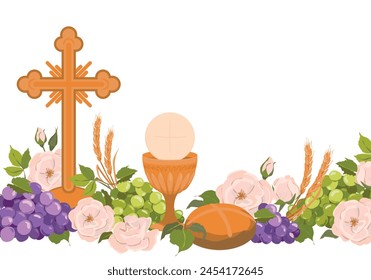 Catholic first communion. Vector. Composition of Christian symbols. Golden cup for wine, crucifix, bread, wine, grapes, white roses. Beautiful design elements for an invitation to the Holy Eucharist.