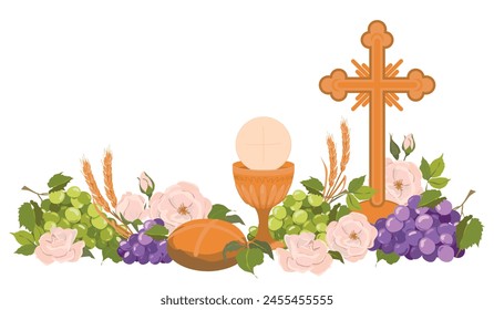 Catholic first communion. Vector. Composition of Christian symbols. Golden cup for wine, crucifix, bread, wine, grapes, white roses. Beautiful design elements for an invitation to the Holy Eucharist.