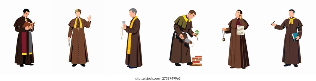 Catholic Friar Activities Vector Set: Priests engaging in reading, prayer, communion, manual labor, music, and scholarly pursuits, illustrating diverse monastic roles.