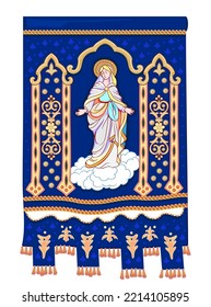 Catholic gonfalon from the French church in Locronan. Beautiful embroidery of Mother of God. Religious object from a cloth. Hand drawn flat vector.