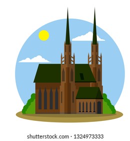 Catholic Gothic Cathedral in Brno of St. Peter and Paul. Czech attraction. Religious Church in nature in city. Place for a tourist trip to Czech Republic. Spire and tower. Cartoon flat illustration