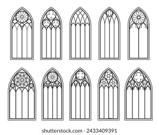 Catholic gothic church windows and medieval arch, isolated vector outline black silhouettes set. Vintage stained glass frames cathedral interior monochrome elements. Traditional european architecture