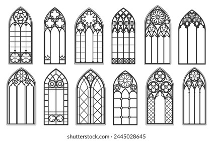 Catholic gothic church windows and medieval arch outline black silhouettes isolated vector set. Vintage stained glass frames. Traditional european architecture, cathedral interior monochrome elements