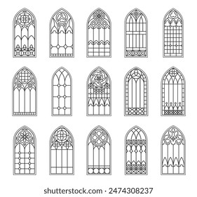 Catholic gothic church windows. Medieval castle arched stained glasses. Isolated vector outline arches black silhouettes. Vintage frames, cathedral interior traditional European architecture elements