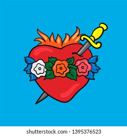 Catholic heart with a dagger and flowers Tattoo. Decoration.
