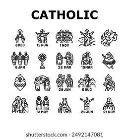 catholic holidays church easter icons set vector. christian religion, god prayer, religious decor, heaven candle, bible catholic holidays church easter black contour illustrations