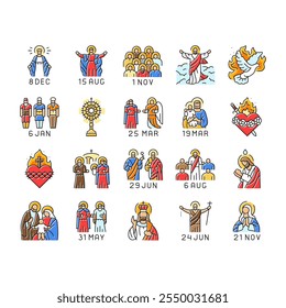 catholic holidays church easter icons set vector. christian religion, god prayer, religious decor, heaven candle, bible catholic holidays church easter color line illustrations