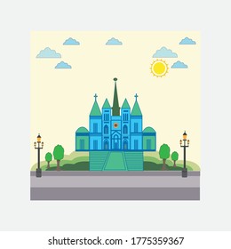 Catholic holy traditional symbol. Vector illustration for religion architecture design. Cartoon church building silhouette with cross, trees, birds, clouds, street lights and sun. Christian church.
