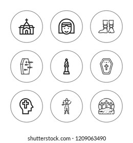 Catholic icon set. collection of 9 outline catholic icons with bishop, calvary, church, coffin, faith, nun, priest icons. editable icons.