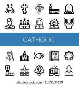 Catholic Icon Set. Collection Of Pastafarianism, Priest, Orthodox Cross, Church, Nun, Monastery, Bible, Grave, Prayer, Communion, Christianity, Crown Of Thorns Icons