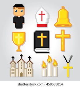 Catholic icons set. Pixel art. Old school computer graphic style. Games elements.